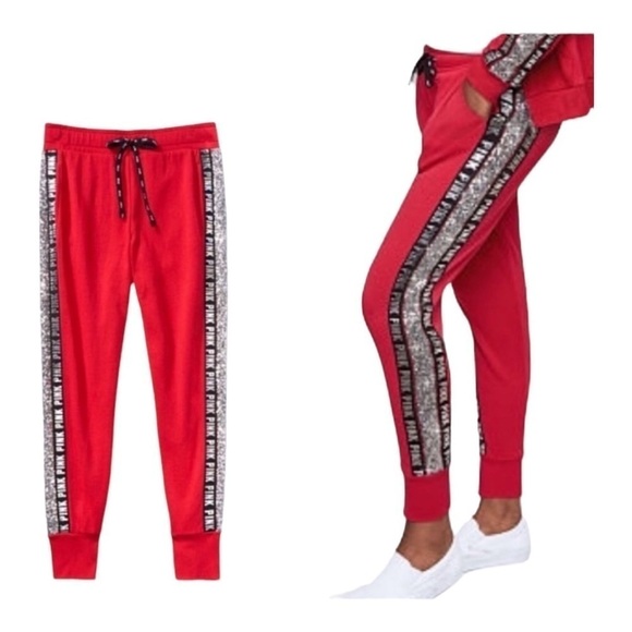 VS PINK Victoria’s Secret Red Bling Silver Sequin Joggers Pants Women’s Small - Picture 1 of 16